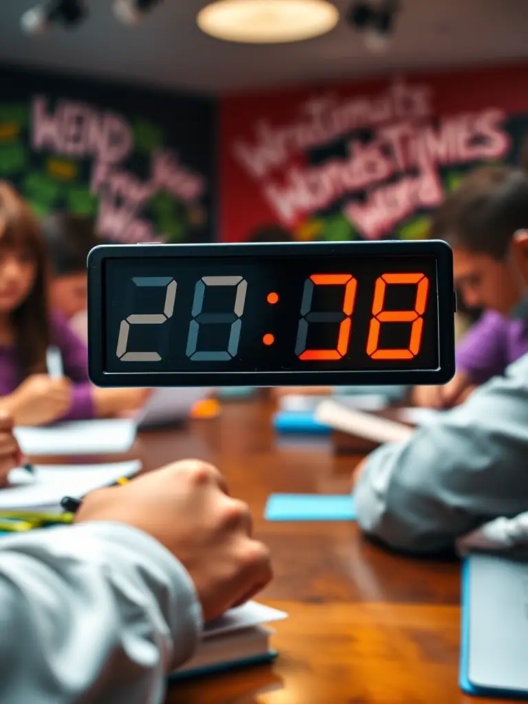A timer counting down with players frantically writing and brainstorming words, emphasizing the fast-paced nature of the game.
