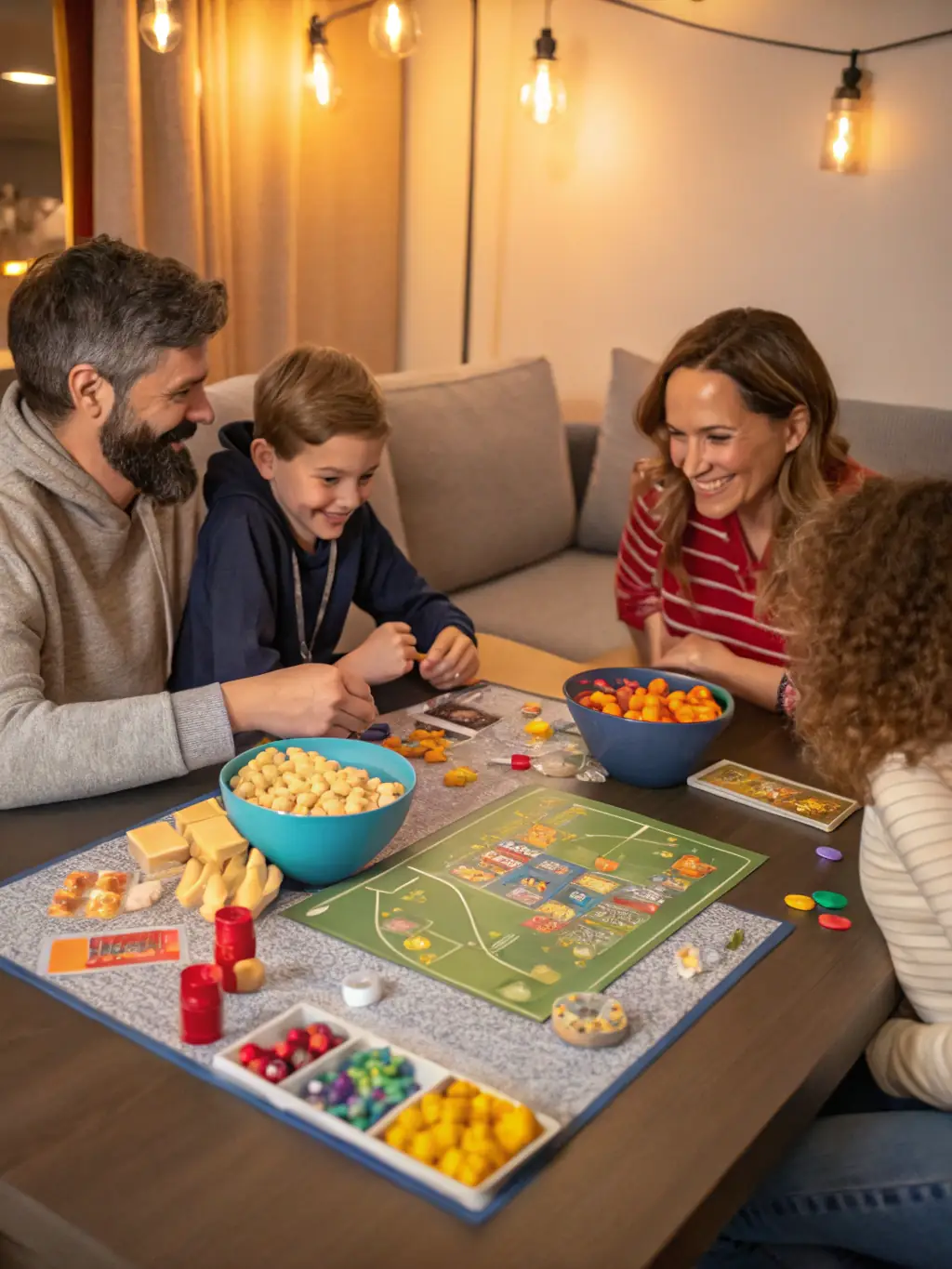A family playing "Just Say the Word" together, highlighting the game's appeal to all ages and its ability to bring people together.