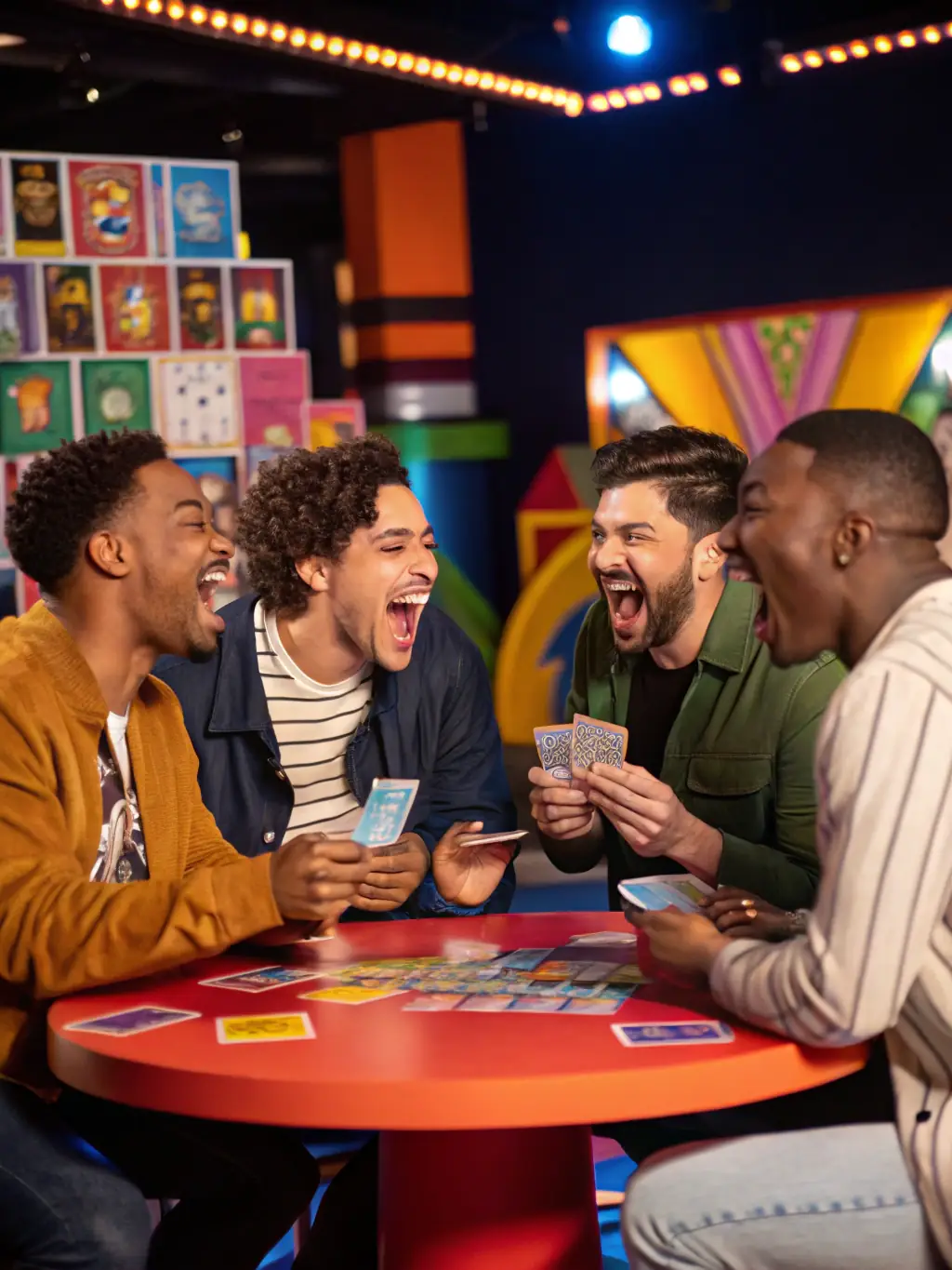 A group of diverse players laughing and gesturing excitedly while playing "Just Say the Word", showcasing the game's social and engaging nature.